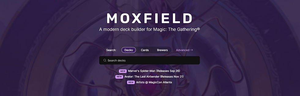 Purple-themed website header for Moxfield, a Magic: The Gathering deck builder. Features search bar and new releases: Spider-Man, Avatar, Artists.