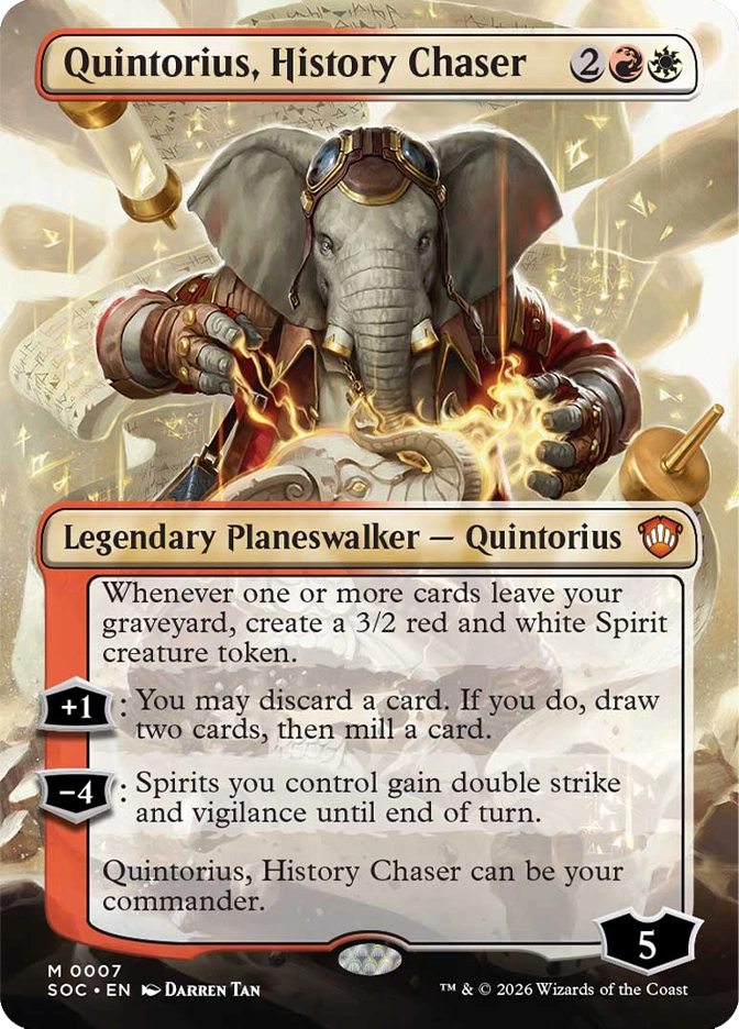 Magic: The Gathering — Strixhaven: School of Mages Commander. Quintorius, History Chaser, Mythic Rare, Legendary Planeswalker — Quintorius, Starting Loyalty 5. Art depicts an elephant scholar in a red armored coat wearing brass goggles, clutching a glowing scroll surrounded by swirling parchment fragments.