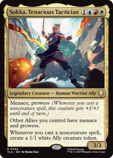 Magic: The Gathering white-blue-red legendary creature card. Sokka fights with dual weapons on a smoky battlefield. 3/3 Human Ally with menace, prowess, and Ally token generation from noncreature spells.