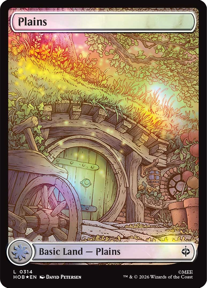 MTG The Hobbit Plains basic land card showing Bag End's round green hobbit hole door in summer, surrounded by lush flowering garden plants, a wooden cartwheel leaning against the stone wall, glowing fairy lights in the foliage, and warm golden sunlight filtering through the trees above. Art by David Petersen.