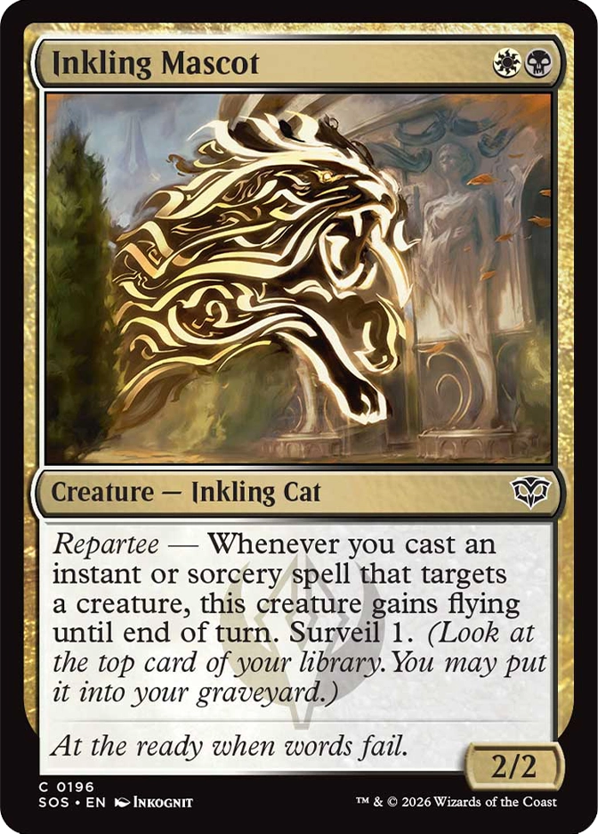 Magic: The Gathering — Secrets of Strixhaven. Inkling Mascot, Common, Creature — Inkling Cat, 2/2. Art depicts a snarling cat-like creature composed entirely of swirling golden and black ink, leaping forward against a soft campus background with autumn leaves.