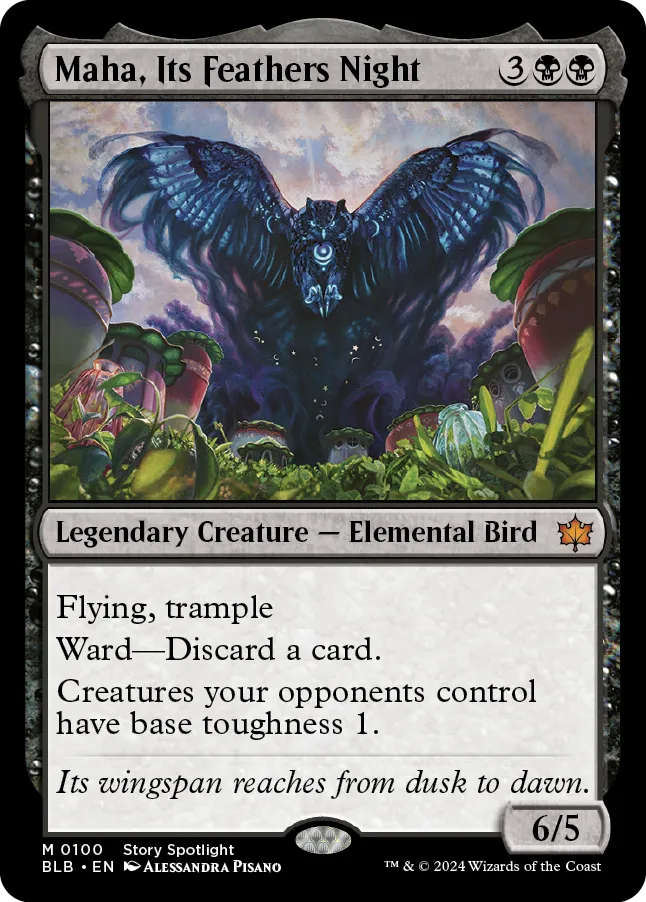 Giant blue elemental bird with outstretched wings in a mystical garden. Text: "Maha, Its Feathers Night." Mood is magical and ominous.