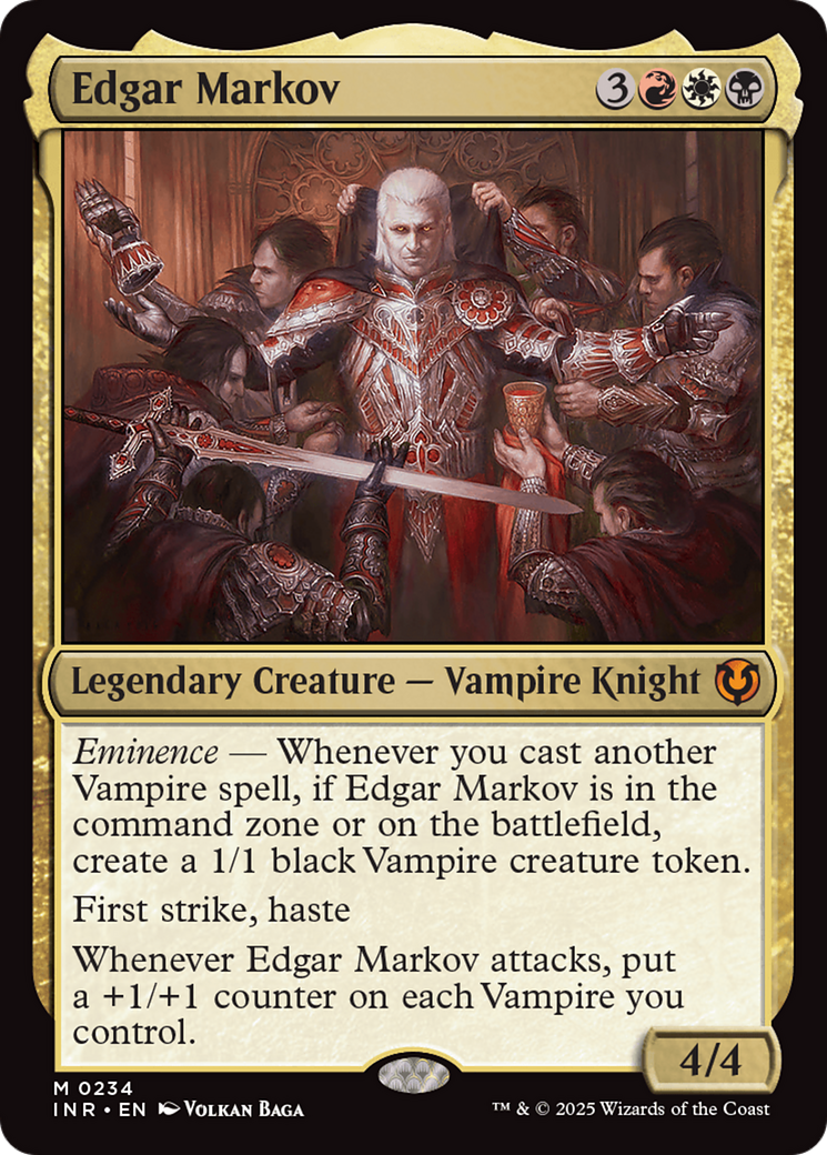 Vampire Knight in ornate armor holds a goblet, surrounded by followers with swords in a dim, ornate hall. Text: Edgar Markov card details.
