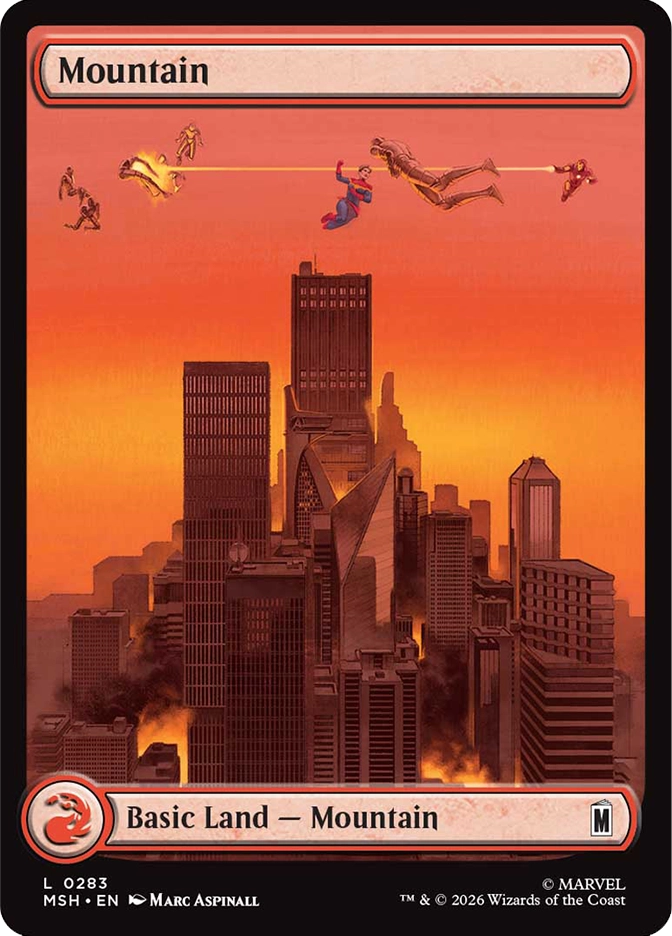 Magic: The Gathering MSH Mountain basic land. Art by Marc Aspinall depicting superheroes battling in the fiery orange sky above a burning city skyline at dusk.