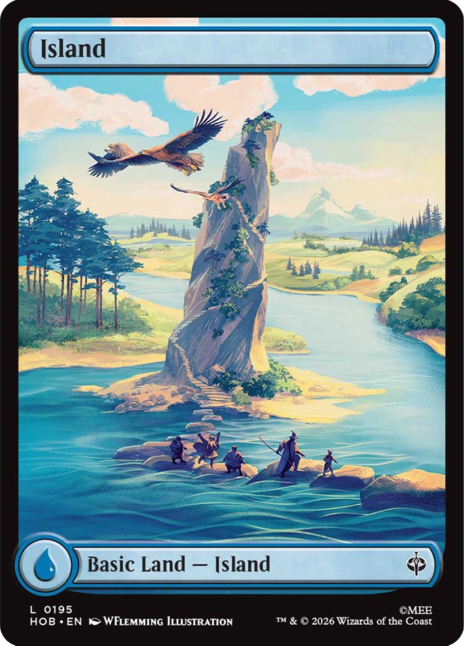 MTG The Hobbit full art Island basic land card showing a tall stone pillar rising from a wide river delta under a bright open sky, two great eagles circling the summit, four small figures crossing stepping stones through the shallow water below, and a peaceful rolling landscape of golden fields and distant mountains stretching to the horizon. Art by WFlemming Illustration.