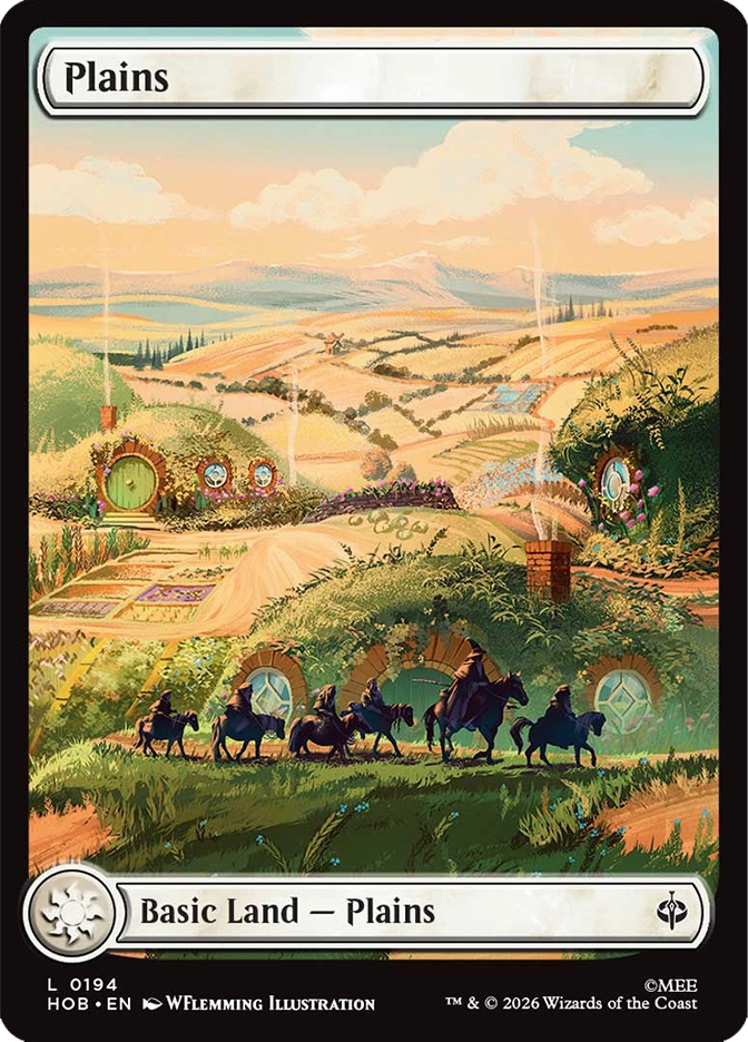 MTG The Hobbit full art Plains basic land card showing the rolling green hills of the Shire at golden hour, multiple round hobbit hole doors visible across the hillside with smoke rising from their chimneys, a group of dark riders on horseback moving in silhouette through the foreground below the burrows, and a wide warm valley stretching into the distance. Art by WFlemming Illustration.