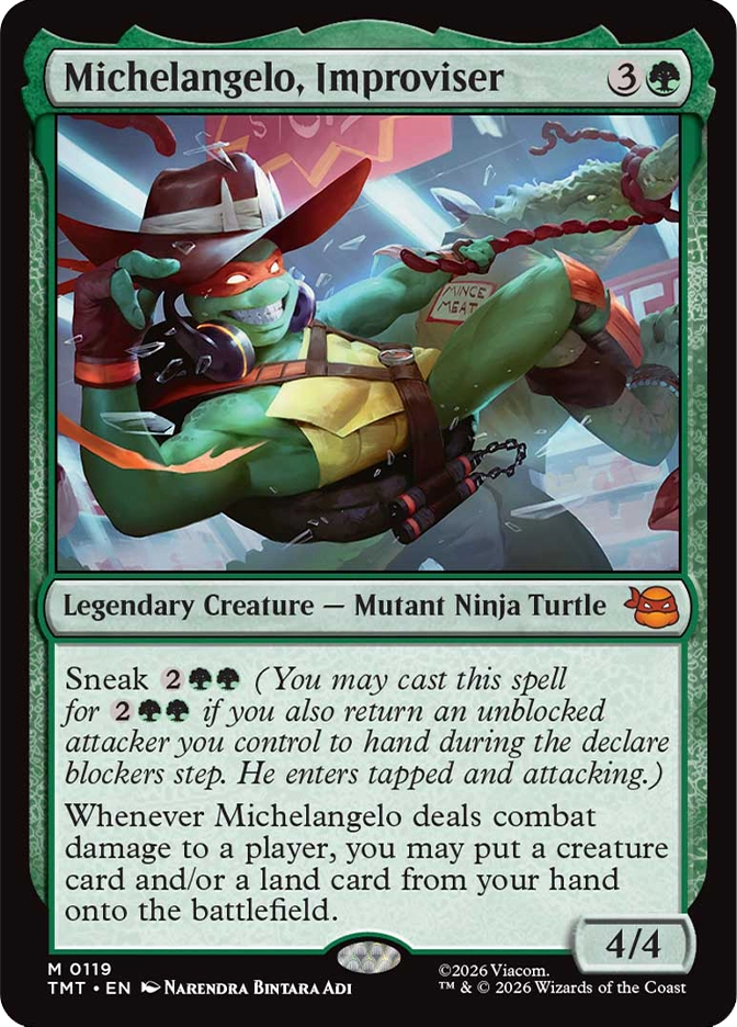 Michelangelo dramatically leans back mid‑swing while holding a lasso and wearing cowboy gear, smiling confidently as neon city lights shine behind him.