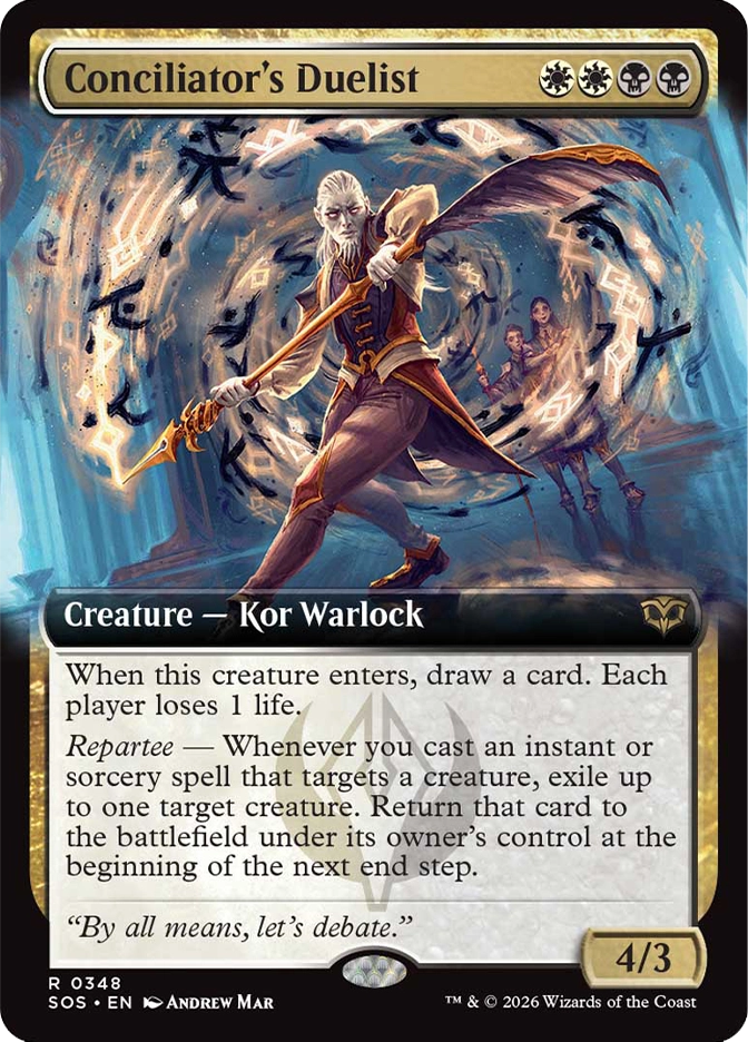 Magic: The Gathering — Secrets of Strixhaven. Conciliator's Duelist, Rare, Creature — Kor Warlock, 4/3. Art depicts a pale-haired elf-like figure in a fighting stance wielding a golden staff with a large wing-shaped blade, surrounded by swirling magical runes.
