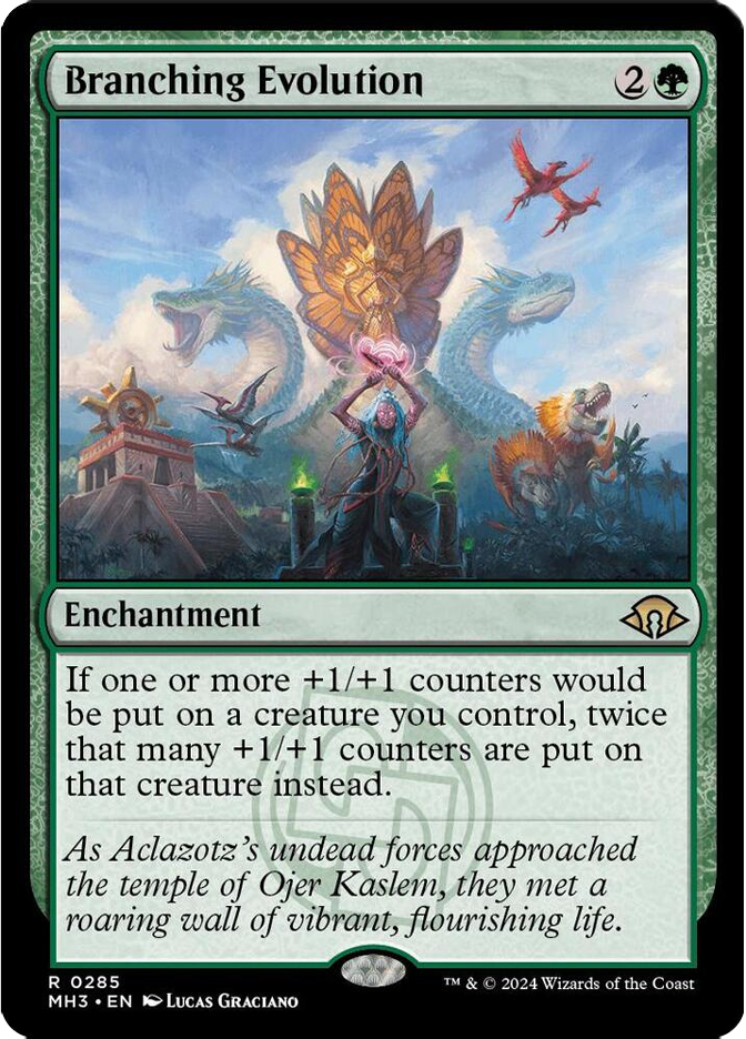 Fantasy card "Branching Evolution" with art of a figure raising a glowing symbol, surrounded by colorful creatures and a temple, under a blue sky.