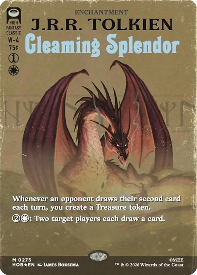Magic card Gleaming Splendor by J.R.R. Tolkien, showing a red dragon on a sepia background with rules text.