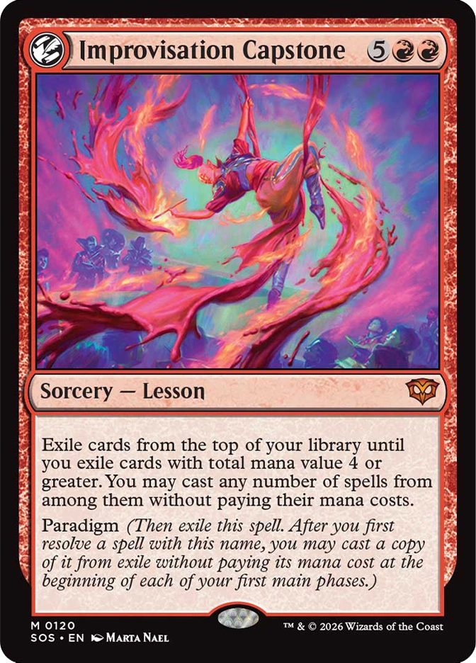 Magic: The Gathering — Secrets of Strixhaven. Improvisation Capstone, Mythic Rare, Sorcery — Lesson. Art depicts a performer leaping through spiraling ribbons of red and pink magical flame above an enthralled audience in a vivid painterly style.