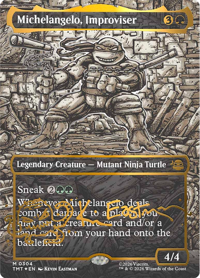 A turtle warrior with a confident grin stands amid a crumbling brick alleyway, wielding chained nunchaku as debris and broken stone scatter around his feet.