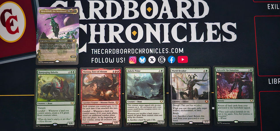 Five trading cards on a "The Cardboard Chronicles" mat. Each card features fantasy artwork. Social media icons and website visible.
