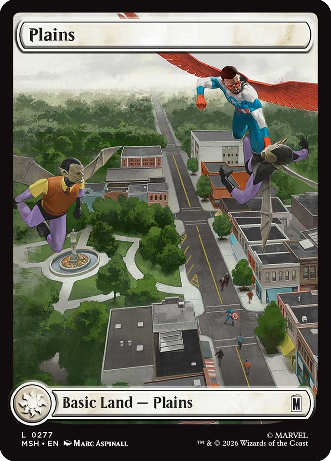 Magic: The Gathering MSH Plains basic land. Art by Marc Aspinall depicting two winged superheroes flying over a small American town with a town square fountain visible below.
