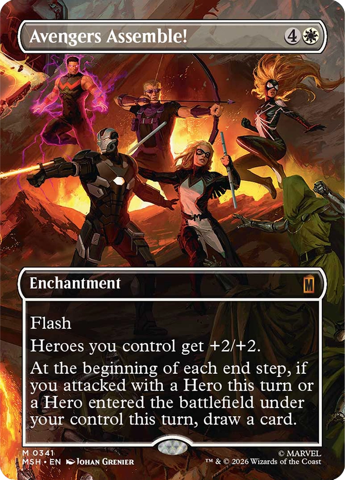 Magic: The Gathering MSH rare enchantment card Avengers Assemble. Art by Johan Grenier depicting a team of heroes charging into battle through fire and smoke, including War Machine, Hawkeye, a character with purple energy, a sword-wielding hero, Ms. Marvel, and a figure in a green hood. Flash enchantment that grants Heroes +2/+2 and draws a card at each end step if a Hero attacked or entered the battlefield that turn.