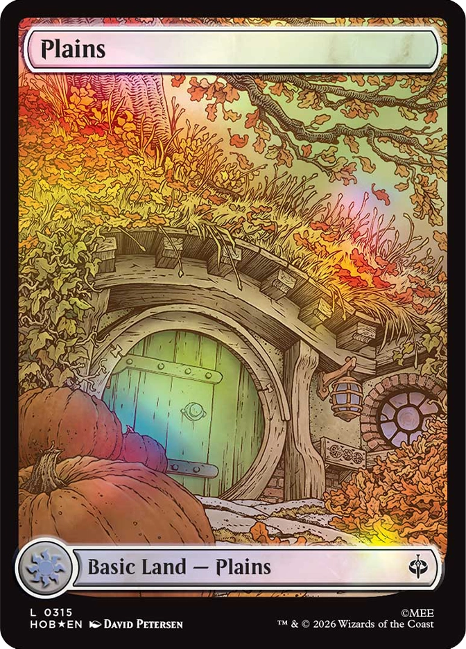 MTG The Hobbit Plains basic land card showing Bag End's round hobbit hole door in autumn, framed by fiery orange and red foliage, large pumpkins stacked at the base of the entrance, a lantern lit beside the stone arch, and warm amber light catching the turning leaves above. Art by David Petersen.
