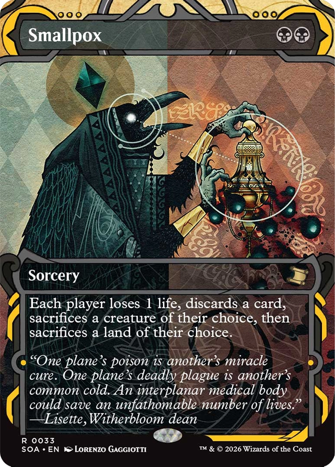 Magic: The Gathering — Secrets of Strixhaven Mystical Archive (English). Smallpox, Rare, Sorcery. Art depicts a crow-masked plague figure in dark robes holding an ornate golden censer, rendered in a split composition of cool teal and warm amber tones with decorative script in the background.