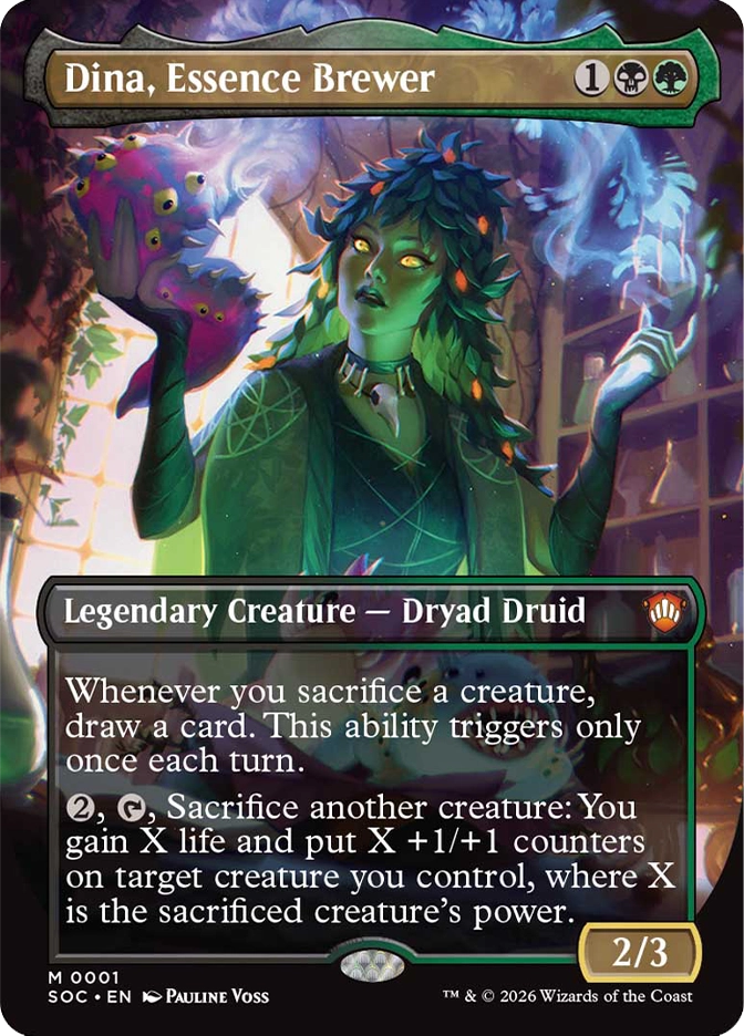 Magic: The Gathering — Strixhaven: School of Mages Commander. Dina, Essence Brewer, Mythic Rare, Legendary Creature — Dryad Druid, 2/3. Art depicts a green-skinned dryad with leaf-covered hair holding a strange purple multi-eyed creature in one hand and a wisp of blue magical vapor in the other, surrounded by a dark alchemical laboratory.