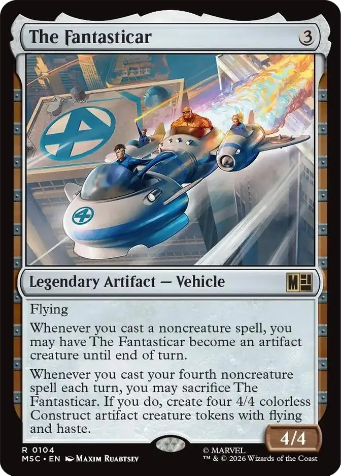 Fantasticar Magic card showing a flying blue-and-white Fantastic Four vehicle over a city, with The Fantasticar and Legendary Artifact—Vehicle text.