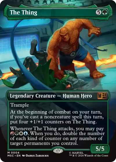 A rocky, orange-skinned hero in a blue outfit battling inside a futuristic lab. Flames and debris surround the scene as the hero grapples with an opponent. The card frame is green.