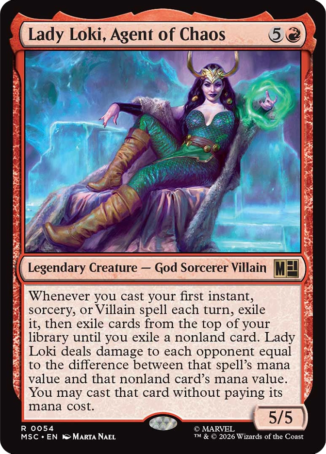 Lady Loki, Agent of Chaos — Rare Legendary Creature, God Sorcerer Villain, cost 5R, 5/5, card #R0054. A smirking dark-haired woman in a green scaled bodysuit and gold horned headpiece reclines languidly in a throne-like chair with one leg crossed, holding a small glowing green orb in one raised hand, swirling teal and blue ethereal energy filling the misty background. Whenever you cast your first instant, sorcery, or Villain spell each turn, exile it then exile cards from the top of your library until you exile a nonland card — Lady Loki deals damage to each opponent equal to the difference between that spell's mana value and that nonland card's mana value, and you may cast that card without paying its mana cost. MSC set, red border, art by Marta Nael, Marvel. 2026 Wizards of the Coast.