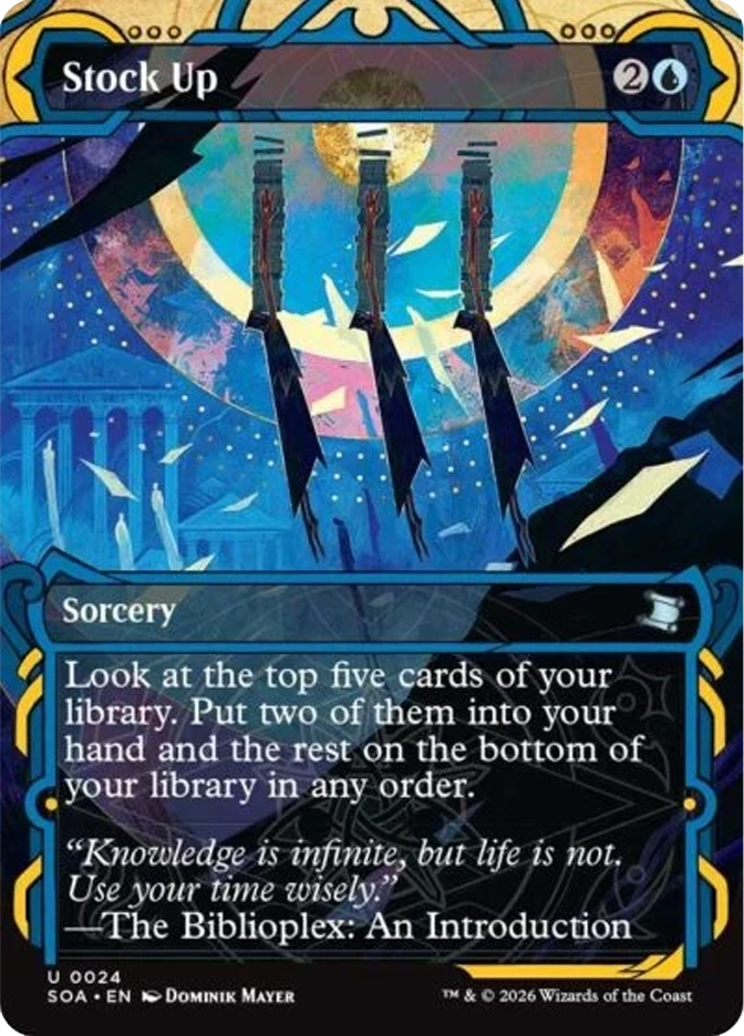 Card titled "Stock Up" with three floating swords, a colorful cosmic background, and text about sorting library cards. Emphasizes wisdom.