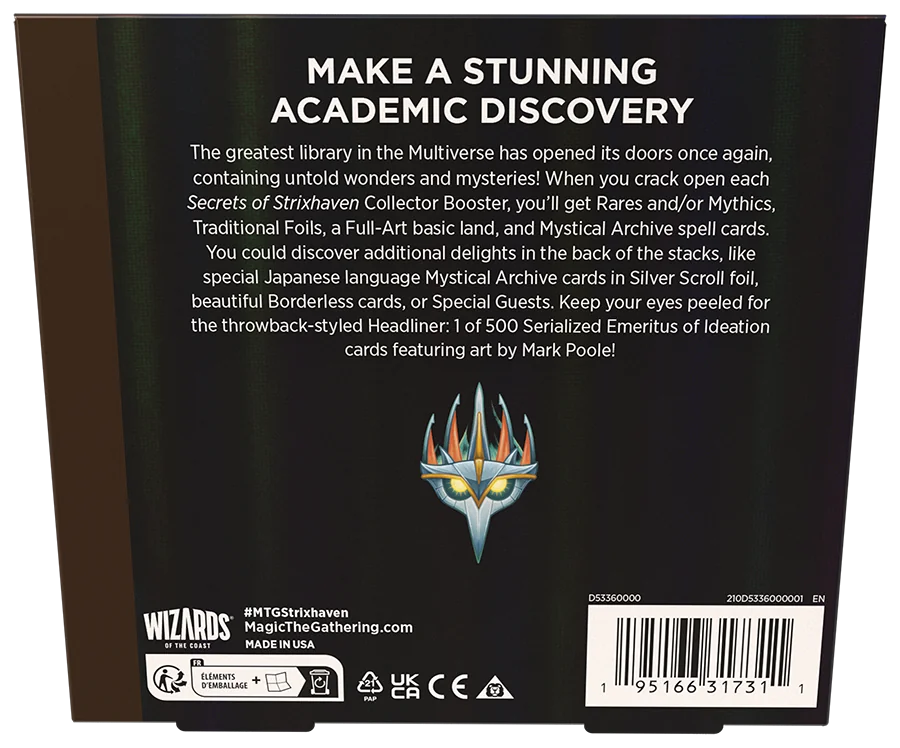 Text on a dark background promoting "Secrets of Strixhaven" with details about collector boosters, Mystical Archive, and art by Mark Poole.