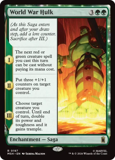 A saga card showing Hulk in a massive, muscular form, glowing green and red, standing in a fiery environment. The card frame is green and gold, with three saga chapters granting creature buffs and trample.