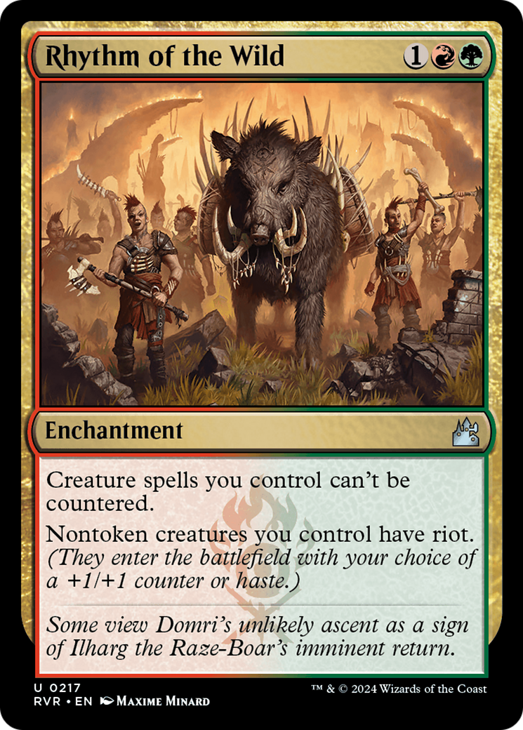 A giant boar leads warriors in a fiery landscape. Text: Rhythm of the Wild, Enchantment, with game rules below. Warrior theme.