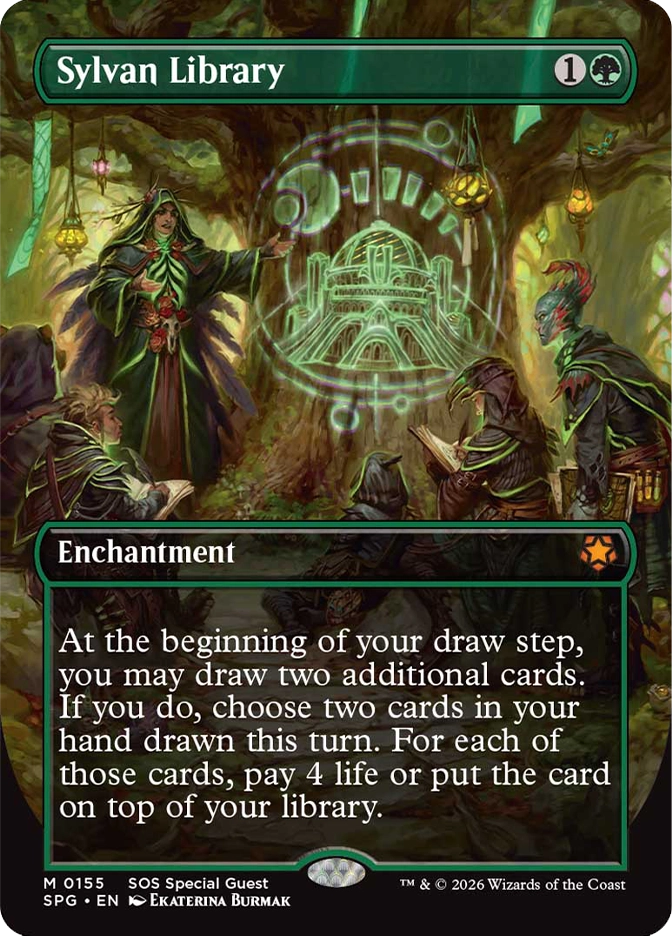 Magic: The Gathering — Secrets of Strixhaven (Special Guest). Sylvan Library, Mythic Rare, Enchantment. Art depicts a robed elf conjuring a glowing architectural diagram before a group of students gathered beneath an ancient tree hung with lanterns.