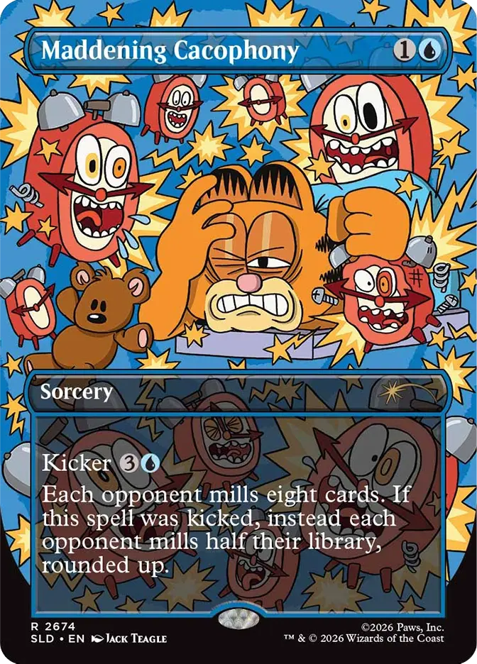 Cartoon cat looks frustrated amid alarm clocks and stars. Background is blue with text "Maddening Cacophony" and card details below.