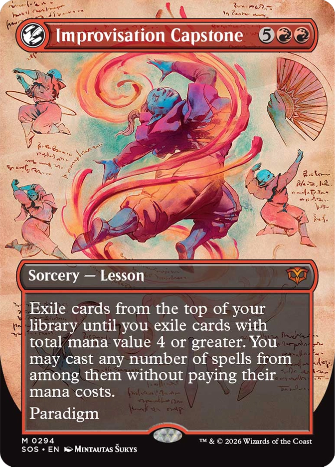 Magic: The Gathering — Secrets of Strixhaven. Improvisation Capstone, Mythic Rare, Sorcery — Lesson. Art depicts a blue-skinned dancer in dynamic motion surrounded by swirling orange energy ribbons, rendered in a warm sketched manuscript style with handwritten notes in the margins.