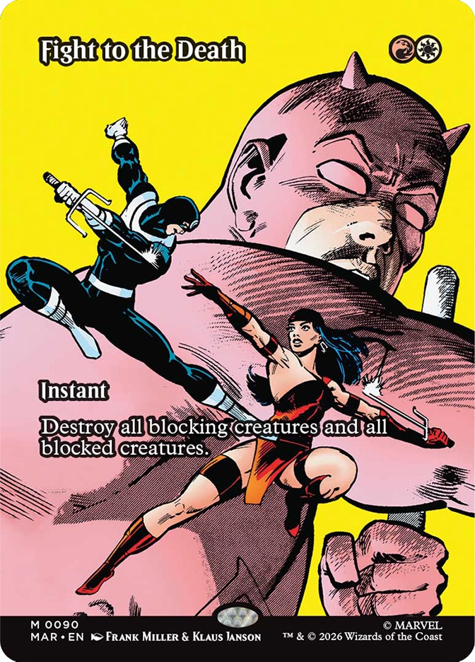 Magic: The Gathering MAR mythic rare instant card Fight to the Death. Art by Frank Miller and Klaus Janson in a classic comic book style on a bold yellow background depicting a masked ninja leaping with a sword while a female martial artist in red and black engages in combat, with a large cowled figure looming behind them. Destroys all blocking and blocked creatures.