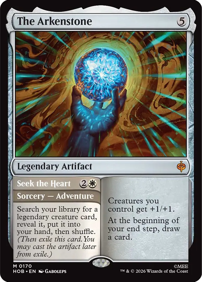 A glowing hand holds a radiant blue gem with swirling colors. The card reads "The Arkenstone" and describes a Legendary Artifact with powers.