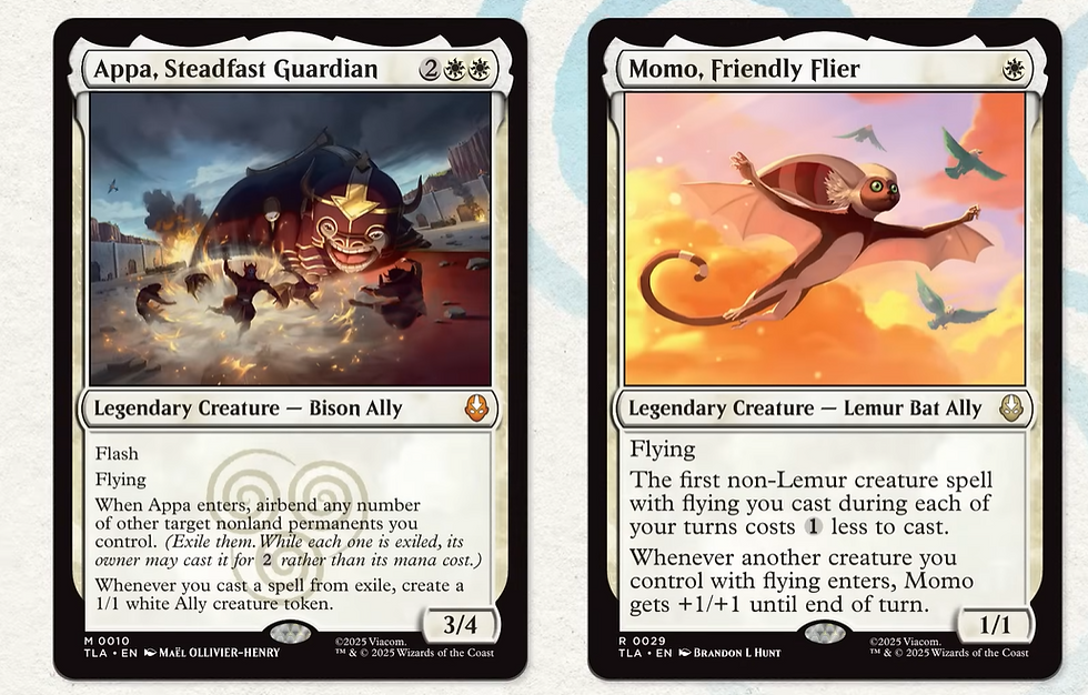 Trading cards featuring a magical bison, "Appa," in a fiery setting, and a flying creature, "Momo," soaring among birds in a sunny sky.