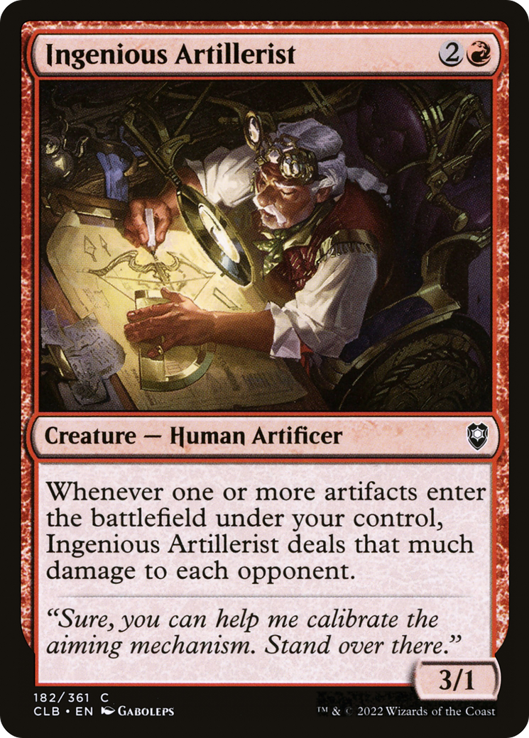 Elderly man with goggles studies a glowing mechanism in a cluttered workshop. Card text: Ingenious Artillerist, Creature—Human Artificer.
