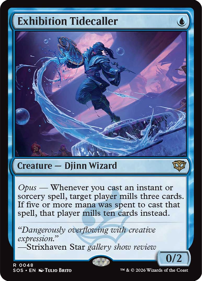 Magic: The Gathering — Secrets of Strixhaven. Exhibition Tidecaller, Rare, Creature — Djinn Wizard, 0/2. Art depicts a nimble blue-clad figure riding a cresting wave of water while carrying a fish-like creature, with an audience watching in the background.