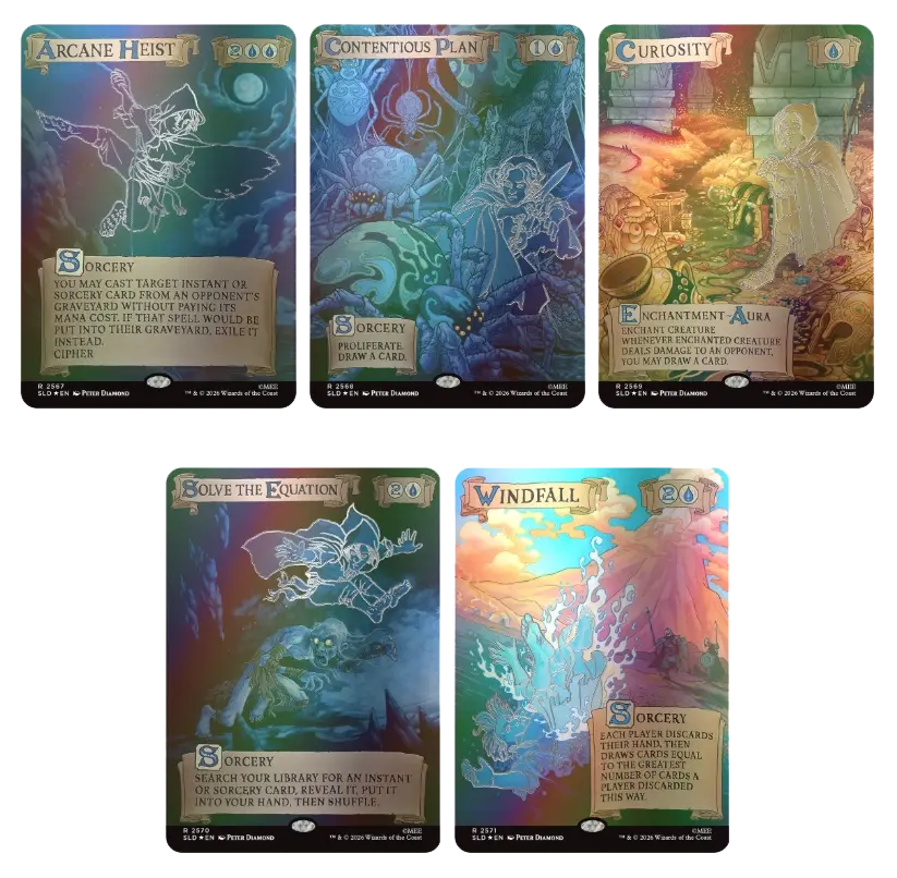 Five colorful Magic: The Gathering cards: Arcane Heist, Contentious Plan, Curiosity, Solve the Equation, and Windfall.