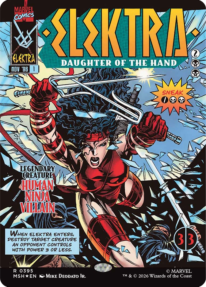Elektra, Daughter of the Hand — Rare Legendary Creature, Human Ninja Villain, cost 2BB, 3/3, card #R0395. Retro Marvel Comics cover art styled as Elektra issue 1, November 1996. A dark-haired woman in a red fighting costume with red headband leaps aggressively toward the viewer wielding two large silver sai weapons, shattering blue fragments and glass exploding around her, a second figure visible below. Card text integrated into the cover layout: Sneak 1BB; When Elektra enters, destroy target creature an opponent controls with power 3 or less. MSH set, star rare comic cover treatment, art by Mike Deodato Jr., Marvel. 2026 Wizards of the Coast.