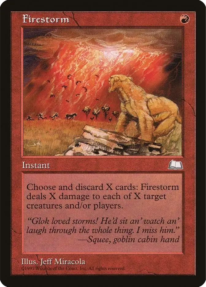 A creature watches a fiery storm in a field, with text describing a card effect. Red tones dominate, conveying chaos.