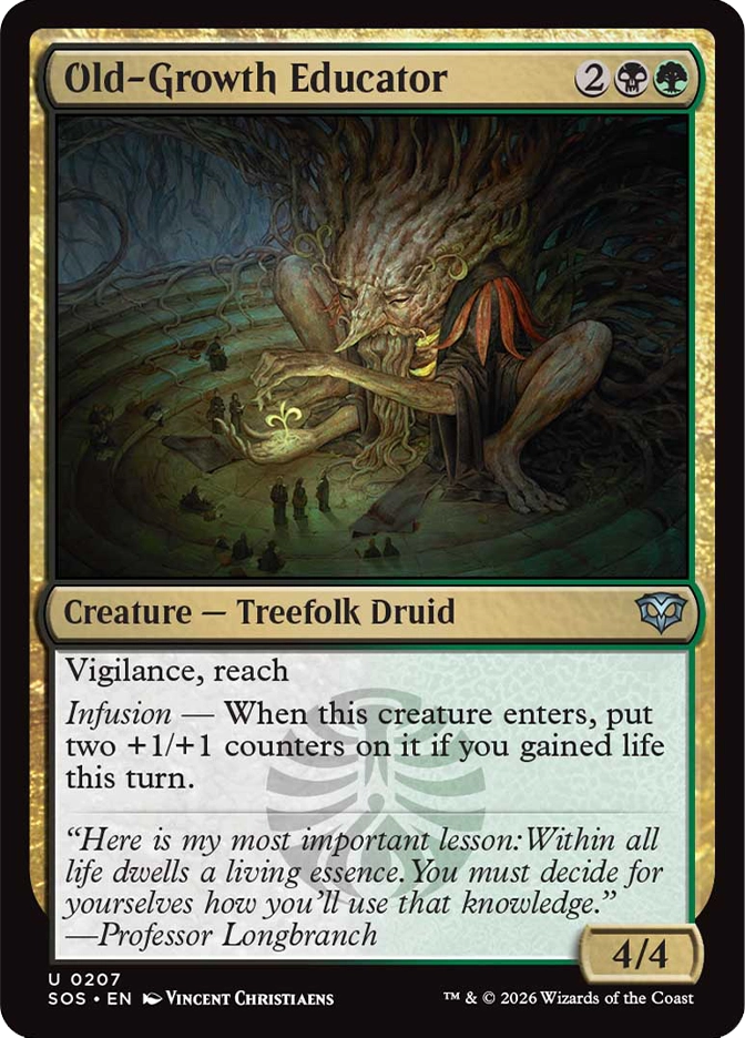 Magic: The Gathering — Secrets of Strixhaven. Old-Growth Educator, Uncommon, Creature — Treefolk Druid, 4/4. Art depicts an enormous ancient tree creature crouching low to offer a tiny glowing seedling to a group of small students gathered around it in a dimly lit forest hollow.