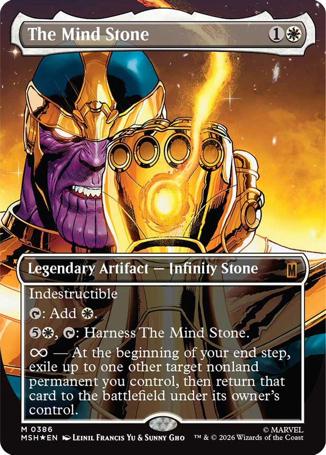 Magic: The Gathering MSH mythic rare legendary artifact card The Mind Stone, borderless treatment. Art by Leinil Francis Yu and Sunny Gho depicting Thanos in close-up, snarling as he holds the Infinity Gauntlet with the glowing Mind Stone socketed into it against a fiery cosmic backdrop. Same indestructible, mana, and harness abilities as the standard version.