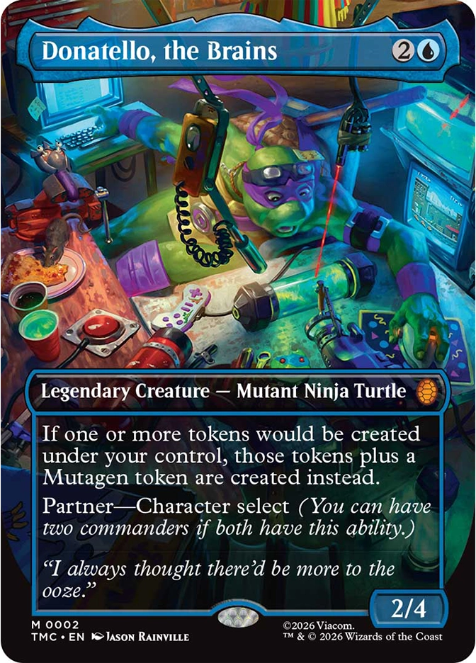 A mutant turtle wearing tech gear works intensely in a cluttered workshop filled with glowing gadgets, wires, and tools, illuminated by purple and blue lights.