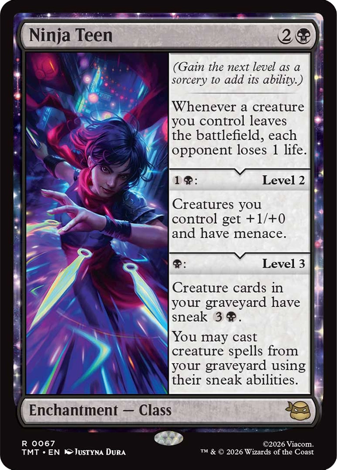 A young ninja leaps through swirling red and purple magical energy, dual blades extended, as lightning‑like streaks illuminate a dark, mystical background.