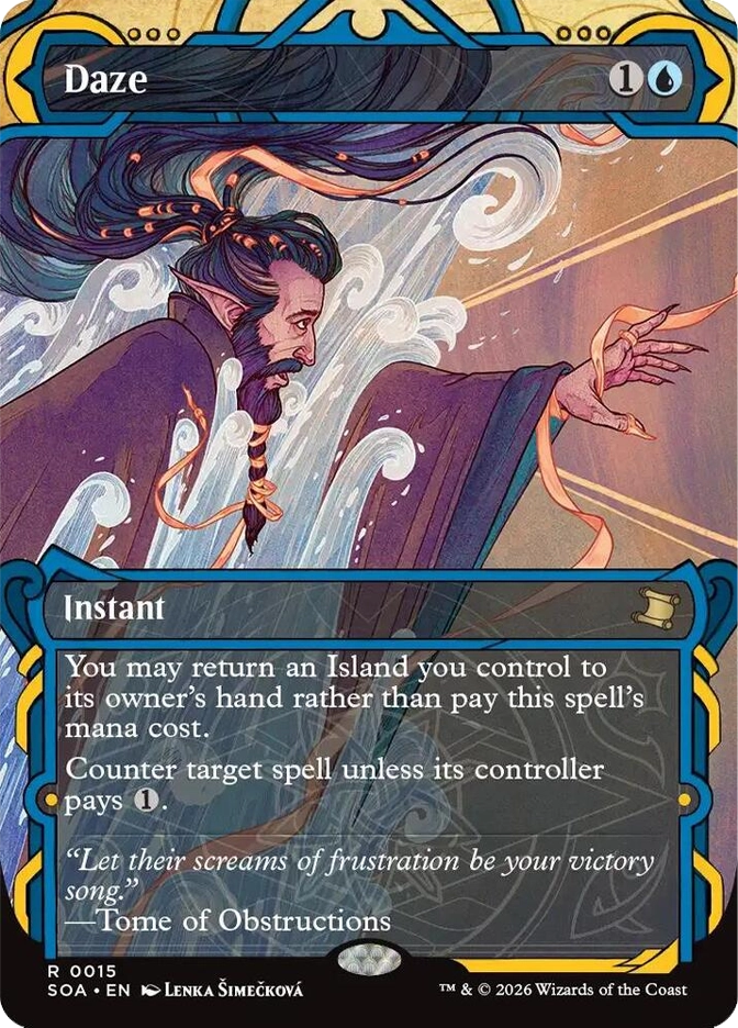 Rare Instant, 1U. A sharp-featured elf with long braided hair leans forward dramatically, swirling magical energy flowing from outstretched fingers. SOA set, card R0015, art by Lenka Šimečková."