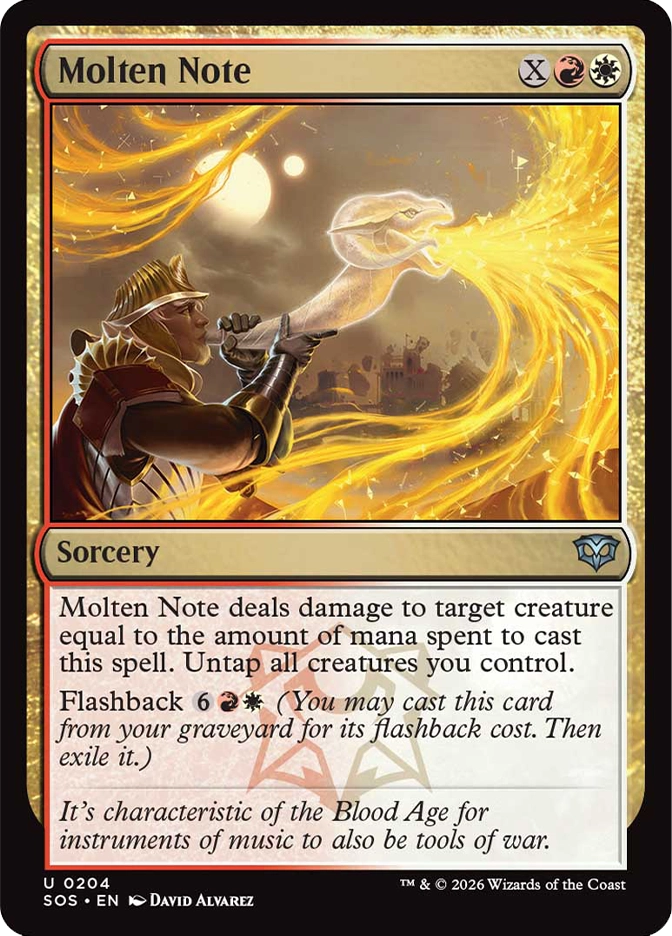 Magic: The Gathering — Secrets of Strixhaven. Molten Note, Uncommon, Sorcery. Art depicts an armored warrior blowing through a horn instrument that releases a blazing golden serpentine spirit creature, with swirling arcs of bright energy radiating outward.
