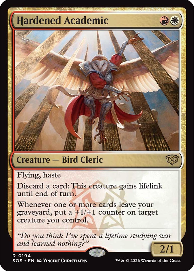 Magic: The Gathering — Secrets of Strixhaven. Hardened Academic, Rare, Creature — Bird Cleric, 2/1. Art depicts an armored owl creature with broad wings spread, clutching a scroll, soaring upward through golden light between towering stone columns.
