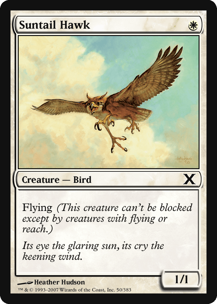 A hawk flying against a cloudy sky on a card titled "Suntail Hawk," with text describing its flying ability and stats (1/1).
