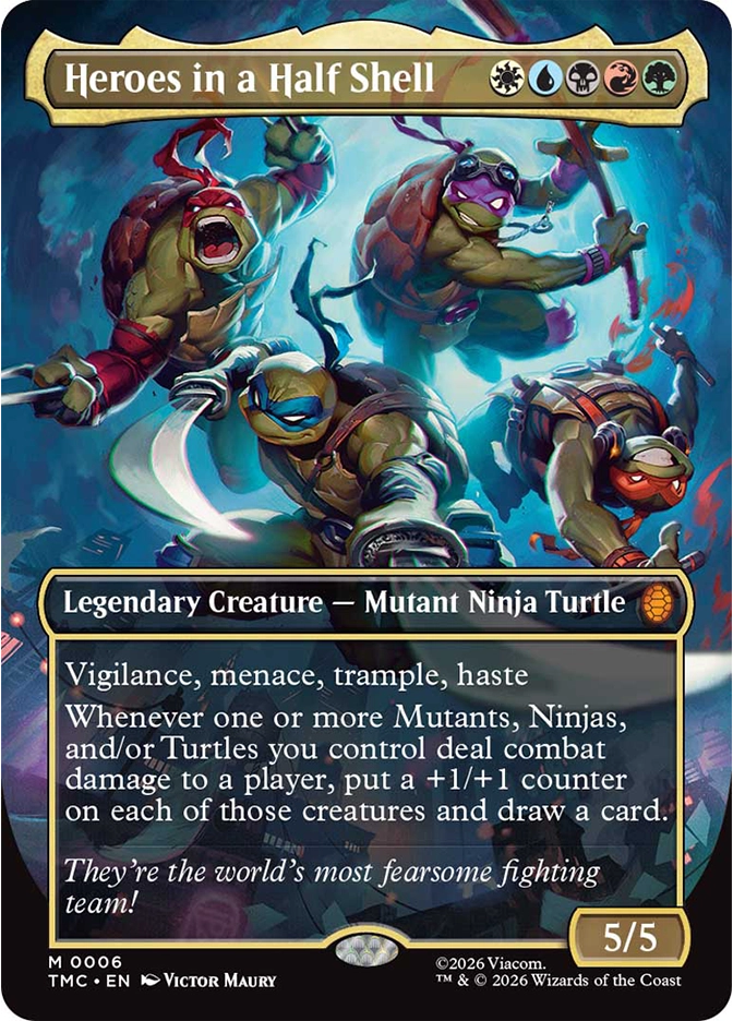 Four mutant turtle warriors charge forward together, each wielding their signature weapons, illuminated by a bright swirling blue energy backdrop.