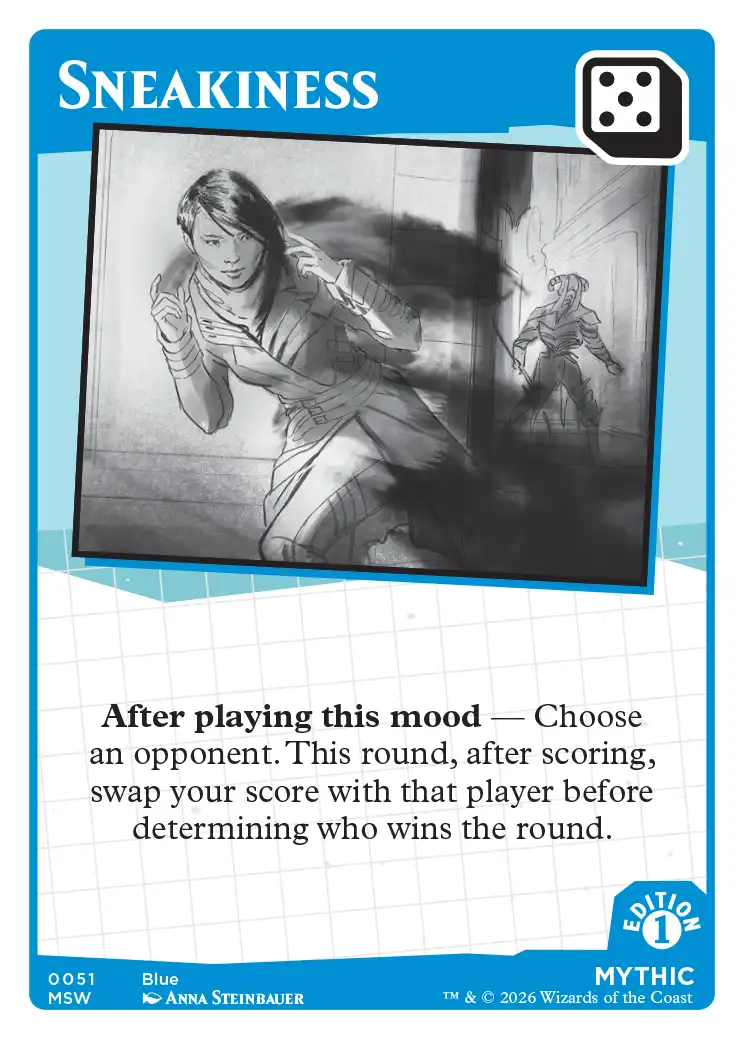 Sneakiness — Mood Swings Mark Rosewater card game, Blue Mythic mood card #0051. Dice value: 5. A woman in close-fitting tactical clothing crouches and moves stealthily in a corridor, a glowing armored figure visible in the background, rendered in loose grayscale sketch style. Ability: After playing this mood — Choose an opponent. This round, after scoring, swap your score with that player before determining who wins the round. MSW Edition 1, art by Anna Steinbauer.